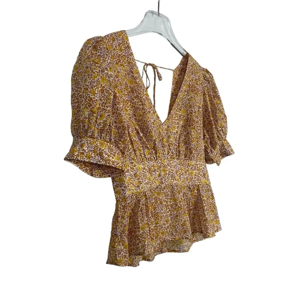 J. Crew Blouse Top Puff-sleeve V-neck Yellow Floral Size 0